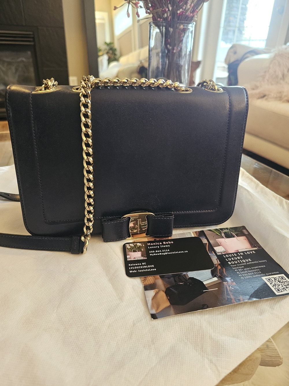 Salvatore Ferragamo Vara Bow Navy Leather Shoulder Bag with Gold Chain